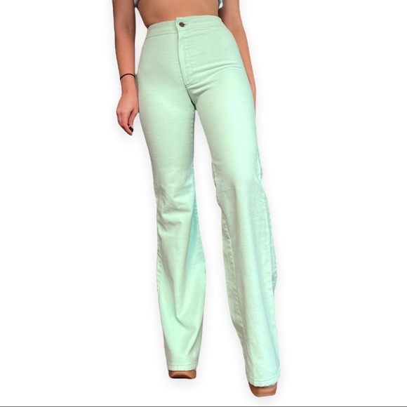Vintage 70s High Rise Bell Bottom Jeans in Mint Green Pastel 25” Waist - Picture 3 of 5
